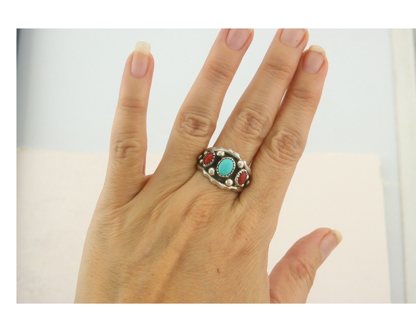 Men Navajo Ring 925 Sterling Natural Coral & Turquoise Signed R C.80's Size 9.0