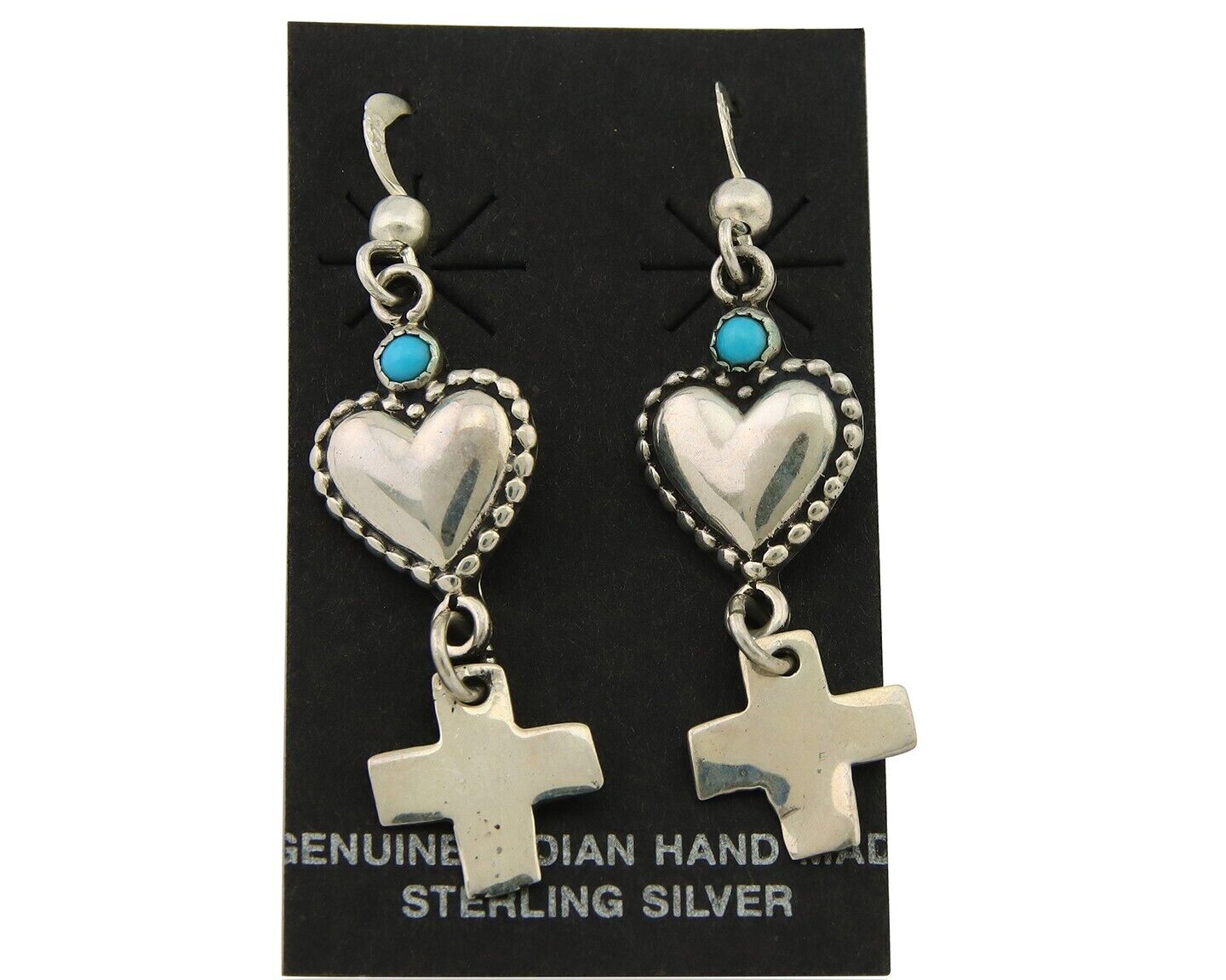 Navajo Earrings 925 Silver Heart Cross Turquoise Native American Artist C.80's