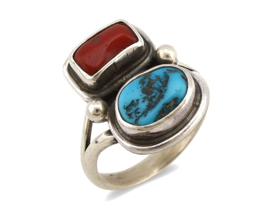 Navajo Ring 925 Silver SB Turquoise & Red Coral Native American Artist C.80s