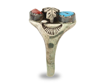 Navajo Ring 925 Sterling Turquoise & Coral Native Artist C.80's Size 10