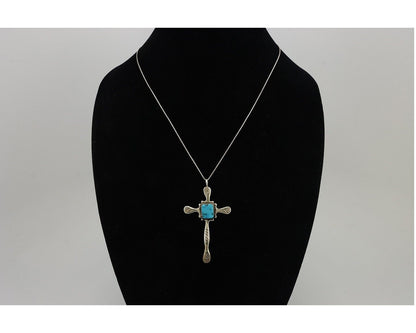 Zuni Cross Pendant .925 Silver SB Turquoise Artist Signed L C.80's