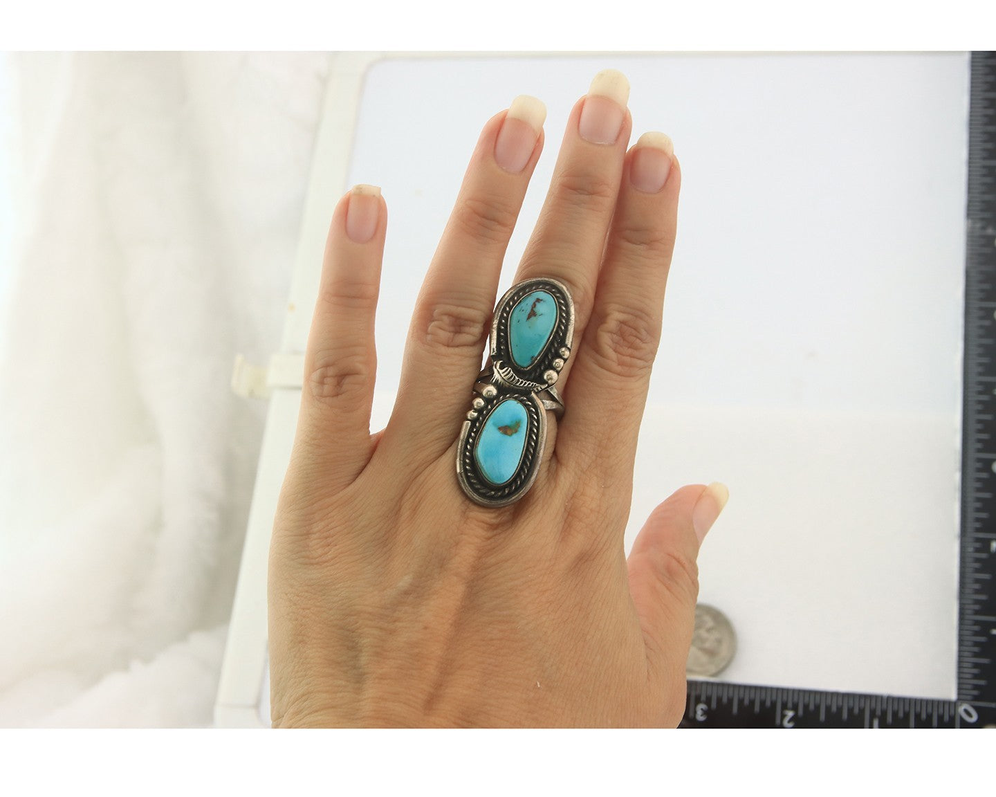 Navajo Ring Sterling Silver Blue Turquoise Vintage Signed AP Size 6.75