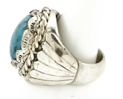 Navajo Ring .925 SOLID Silver Kingman Turquoise Signed Artist TeePee C.80's