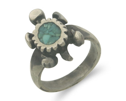 Navajo Toe Ring 925 Silver Inlaid Turtle Turquoise C.80's Size 1.5