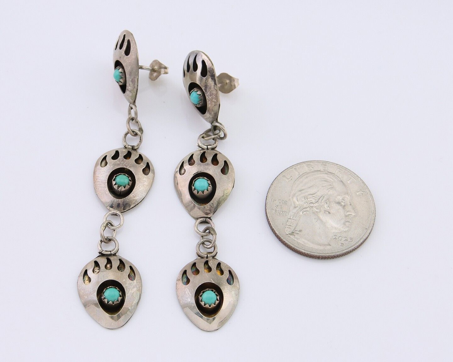 Navajo Paw Earrings 925 Silver Kingman Turquoise Native American Artist C.80's