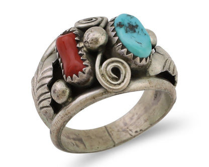 Navajo Ring 925 Silver Natural Coral Turquoise Natural American Artist C.80's