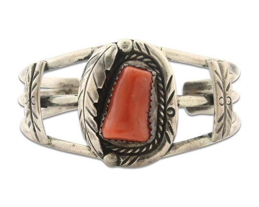 Vintage Navajo Bracelet 925 Silver Red Coral handmade Traditional Cuff C.70's