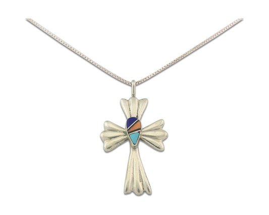 Navajo Cross Necklace Sterling Silver Authentic Natural Gemstones Signed M