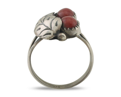 Navajo Handmade Ring 925 Silver Natural Mediterranean Coral Signed 88 C.80's