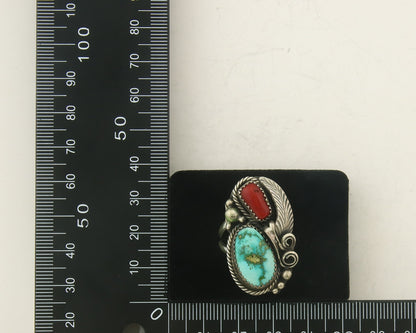 Navajo Ring 925 Sterling Natural Coral & Turquoise Signed JM C.80's Size 8.5