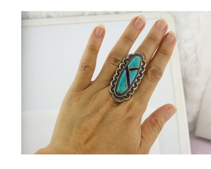 Vintage Navajo Ring 925 Sterling Silver Turquoise Signed M Begay Size 7.75