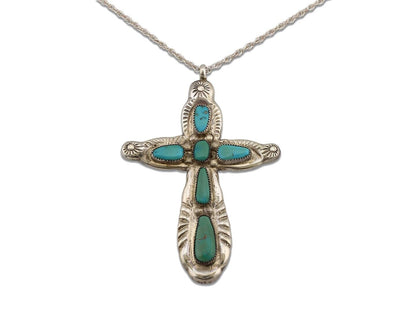 Zuni Cross Necklace 925 Silver Natural Blue Turquoise Artist LUPE IULE C.80's