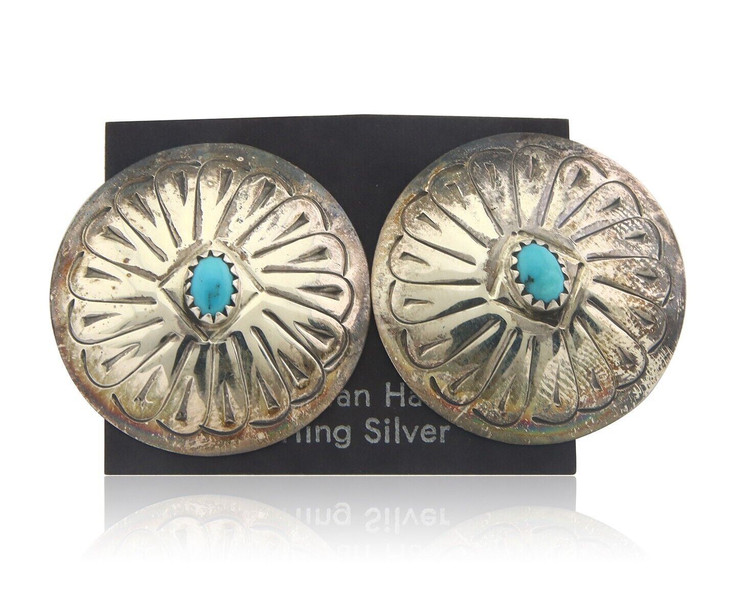 Navajo Earrings 925 Silver Handmade Concho Natural Turquoise Native Artist C80s