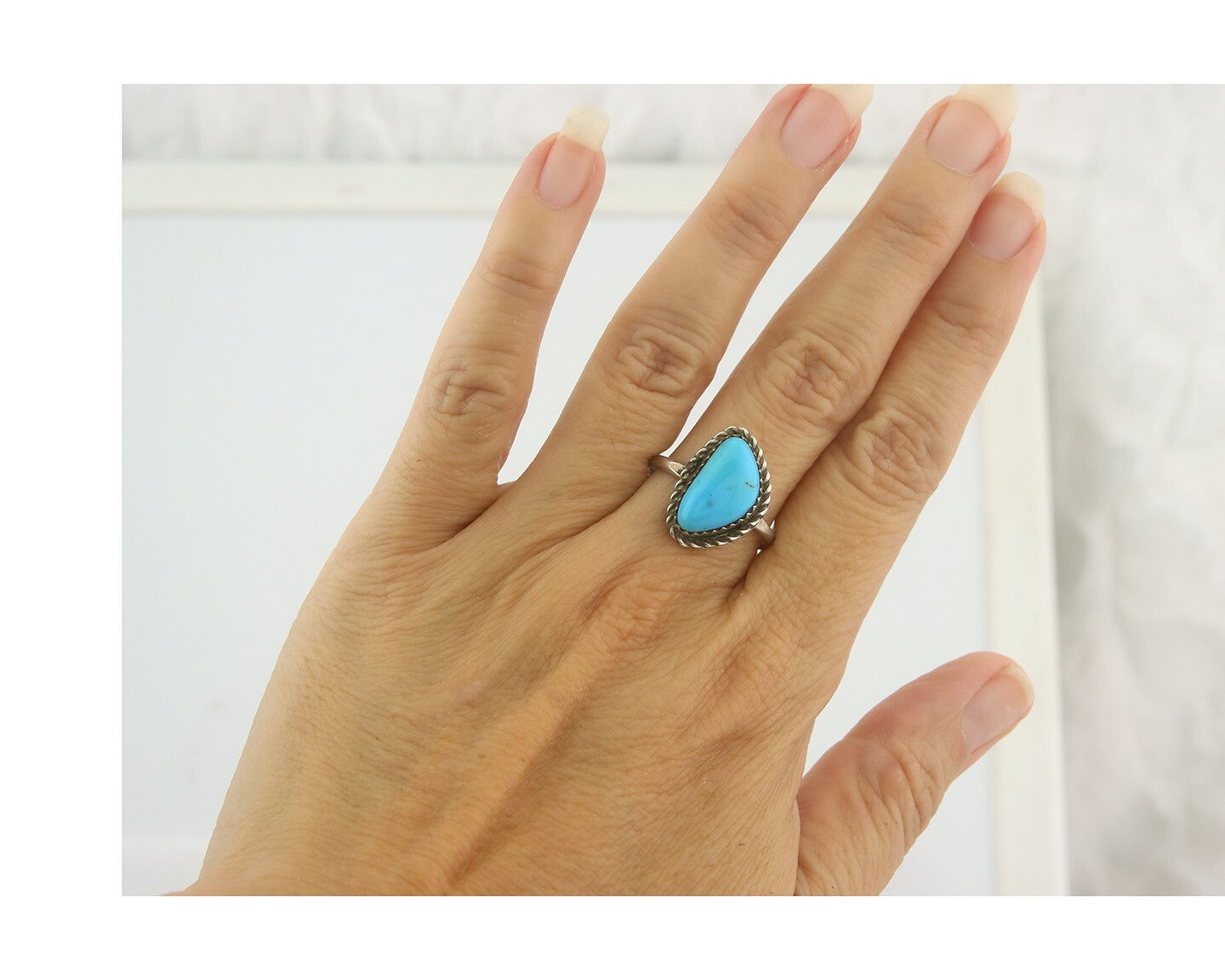Vintage Navajo Ring 925 Sterling Authentic Santa Rita Turquoise Size 9.0