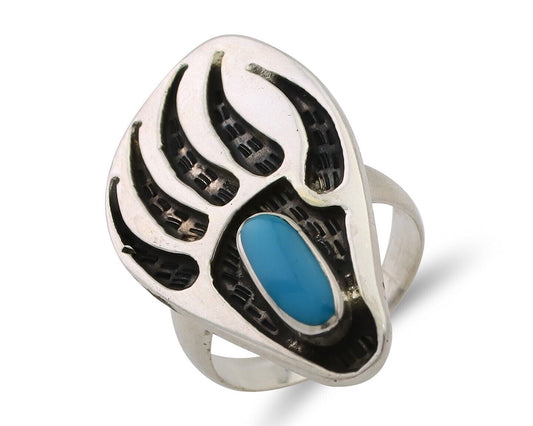 Navajo Badger Paw Ring 925 Silver Turquoise Native American Artist C.80's