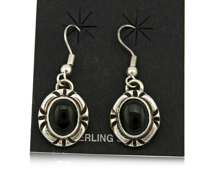 Navajo Hand Stamped Natural Mined Black Onyx .925 SOLID Silver Dangle Earrings