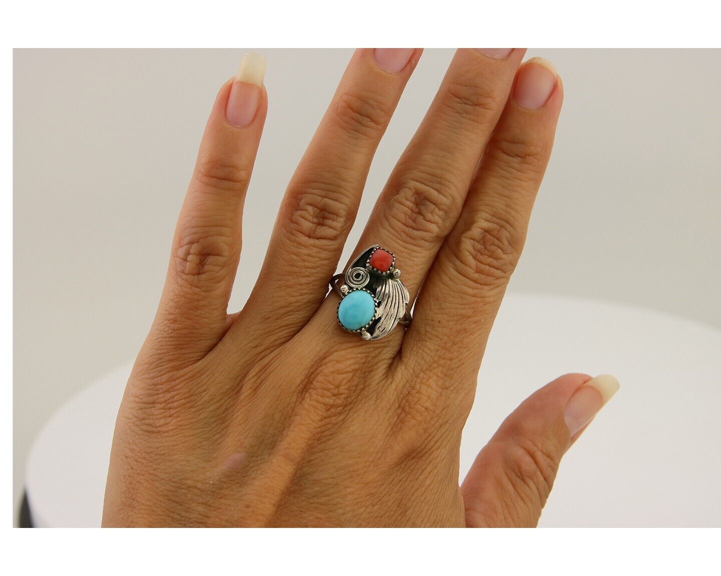 Navajo Ring 925 Silver Turquoise & Coral Artist Signed WR C.80's