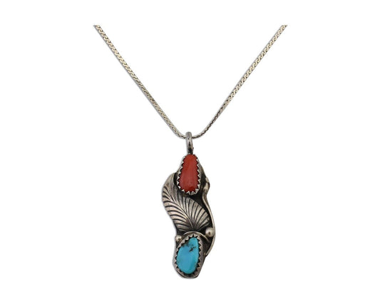 Navajo Necklace 925 Silver Turquoise & Coral Native American Artist C.90's