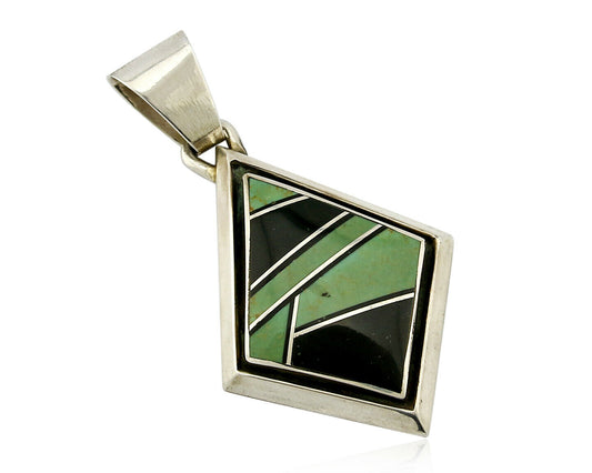 Navajo Inlaid Black Jet & Green Turquoise Shadow Box .925 Silver Pendant