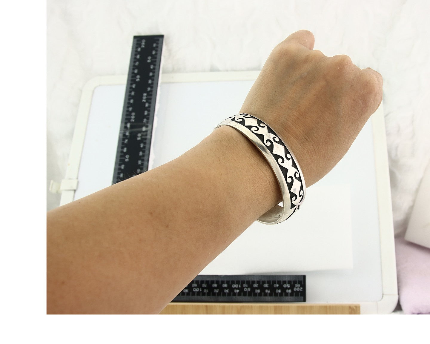 Vintage Navajo Bangle Bracelet Sterling Silver Hand Stamped Signed AA