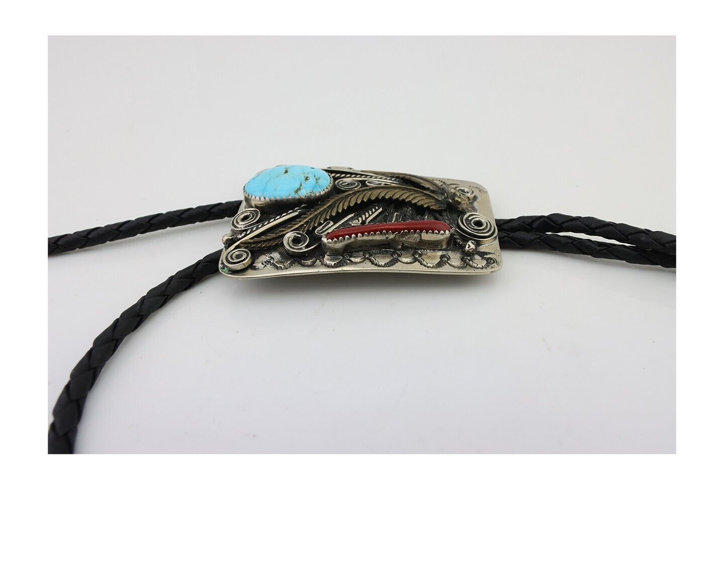 Navajo Bolo Tie .999 Nickel Coral & Turquoise Artist Signed BENNETT C.80's