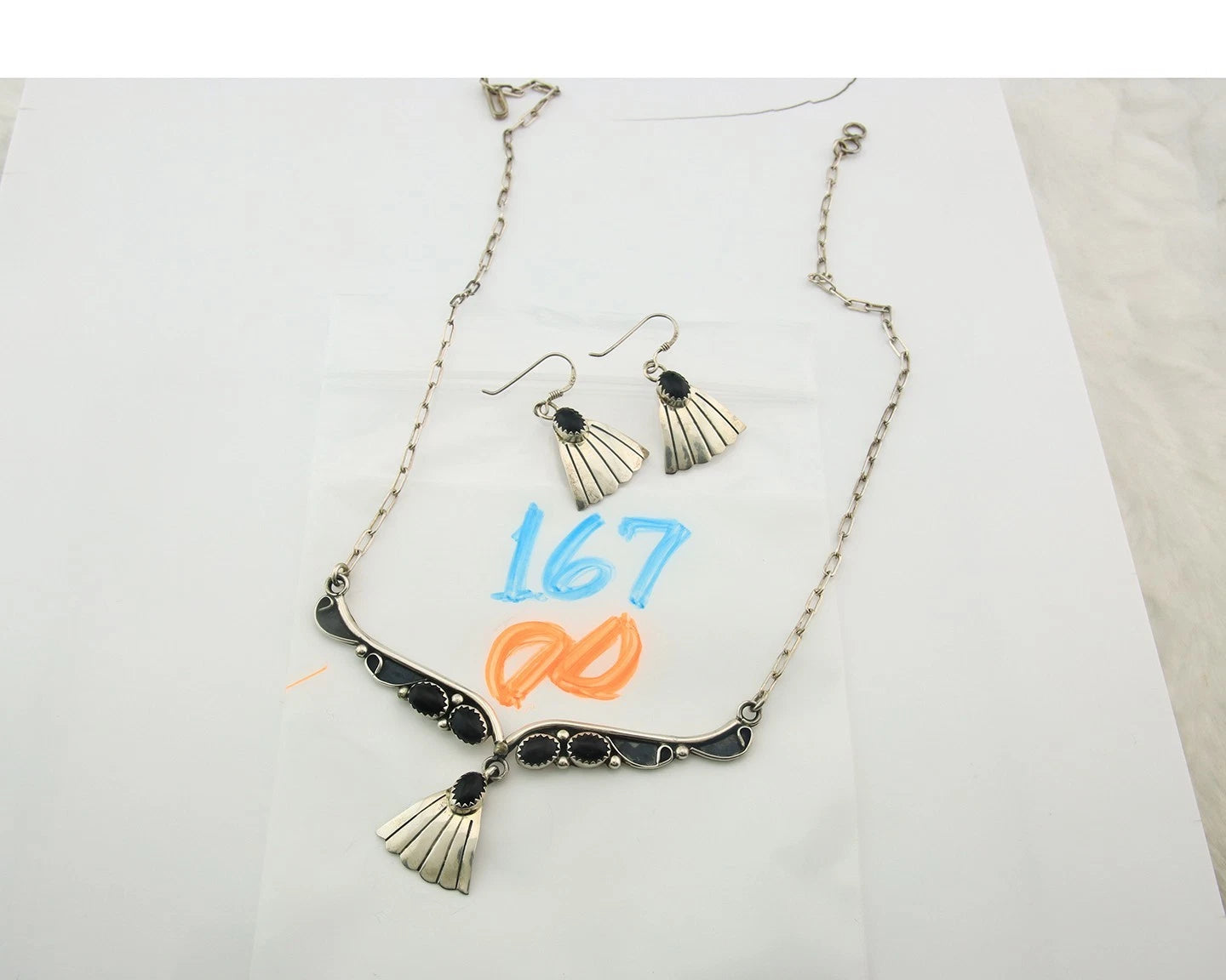 Navajo Necklace Earring Set Sterling Silver Onyx Vintage Native Artist