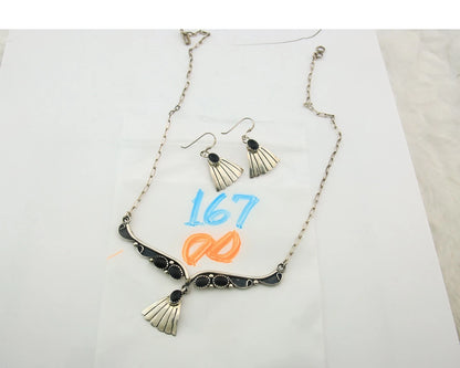 Navajo Necklace Earring Set Sterling Silver Onyx Vintage Native Artist