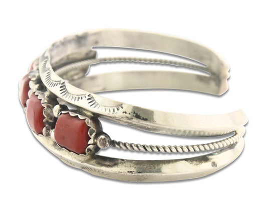 Vintage Navajo Bracelet 925 Silver Red Coral Signed Verman Benally