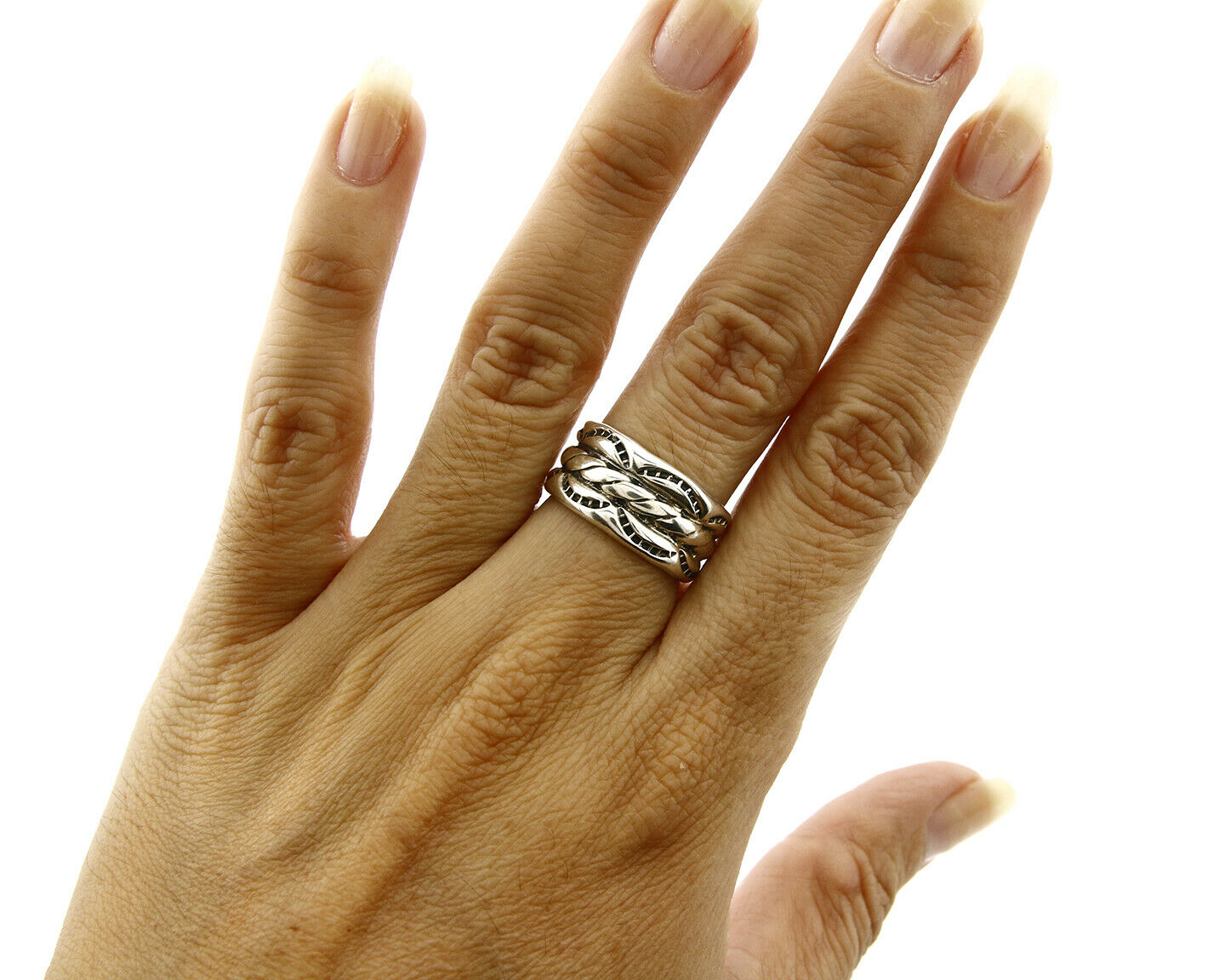 Navajo Ring .925 Silver Handmade Hand Stamped 3 Row Rope Band C.1980's Size 5.25