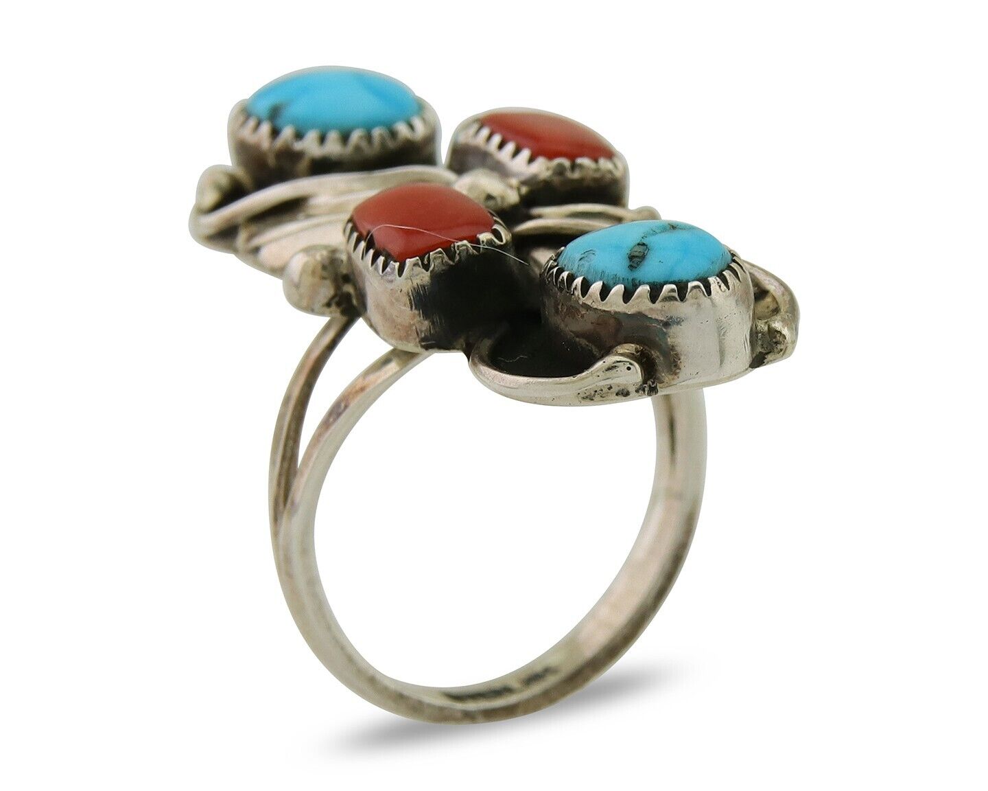 Navajo Handmade Ring 925 Silver Coral & Turquoise Native Artist C.80's