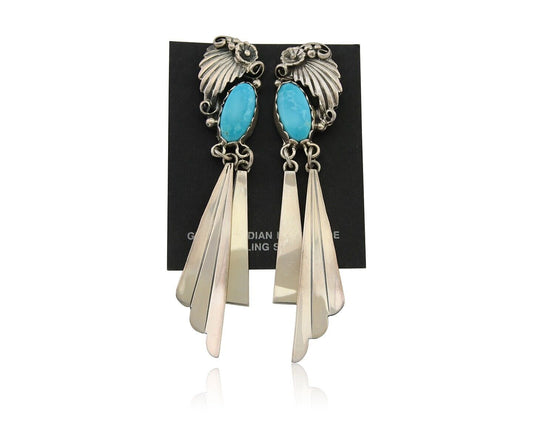 Navajo Dangle Earrings 925 Silver Natural Blue Turquoise Artist Signed M.S. C80s