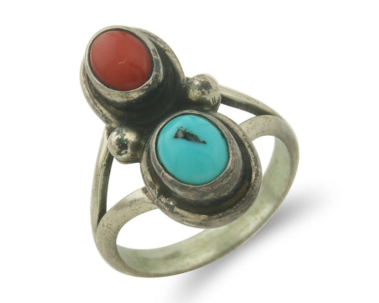 Vintage Navajo Ring 925 Sterling Natural Coral & Turquoise Native Artist Sz 7.0