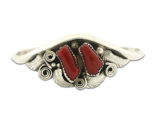 Vintage Navajo Bracelet 925 Silver Red Coral handmade Signed Justin Morris
