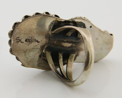 Navajo Ring 925 Sterling Silver Natural Coral & Turquoise Signed SC C.80's