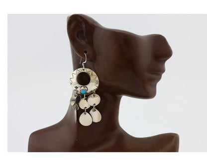 Navajo Dangle Handmade Earrings 925 Silver Blue Turquoise Native Artist C.80's