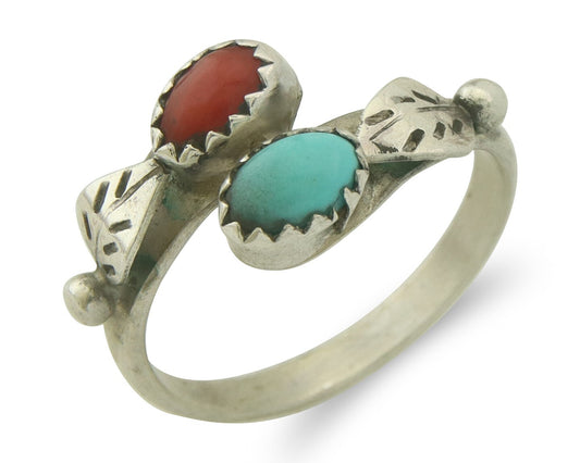 Vintage Navajo Band 925 Sterling Turquoise & Coral Native Artist Size 7.25