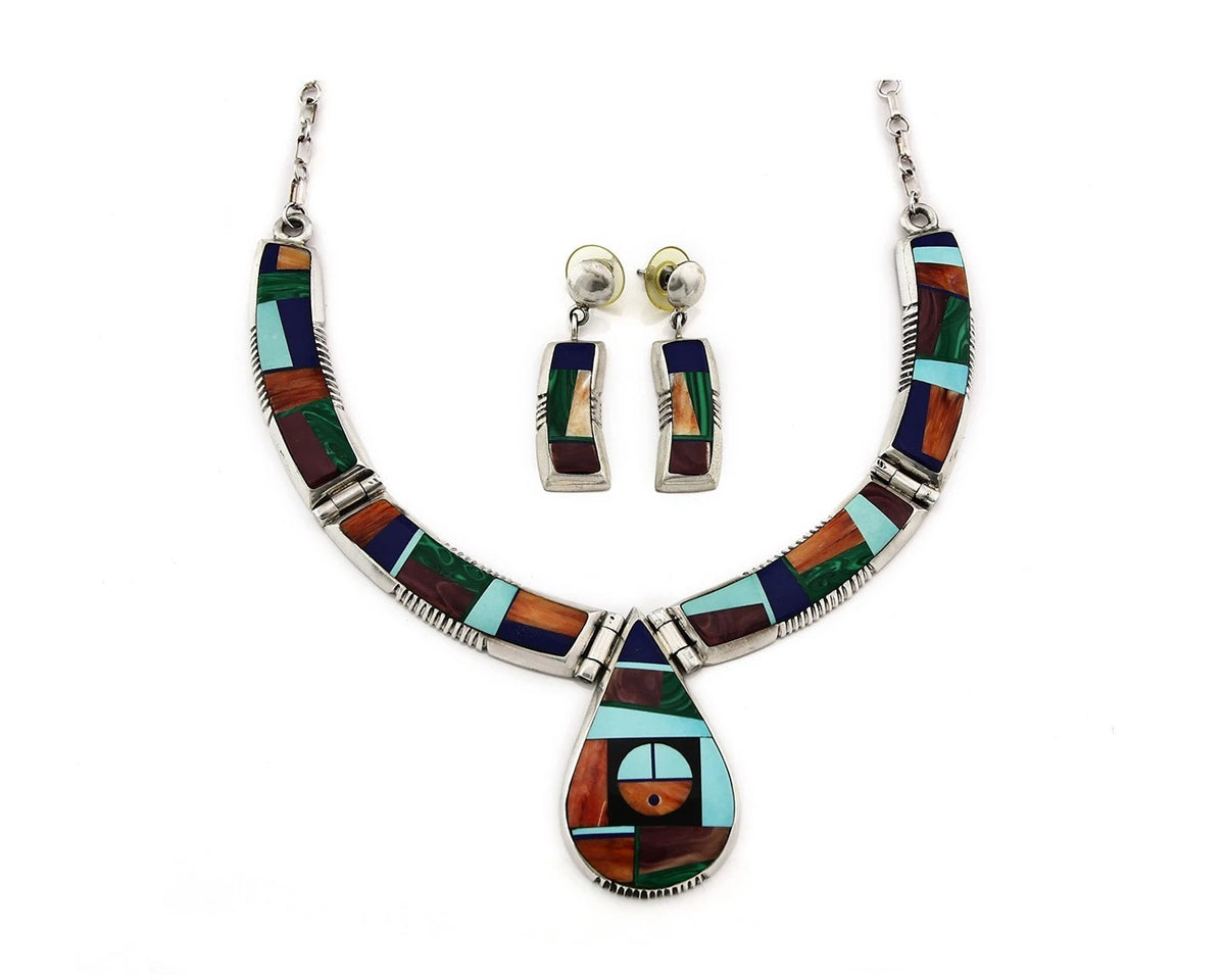Navajo Necklace Earring Set Sterling Silver Gemstone Signed Frank Yellowhorse