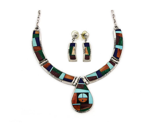 Navajo Necklace Earring Set Sterling Silver Gemstone Signed Frank Yellowhorse