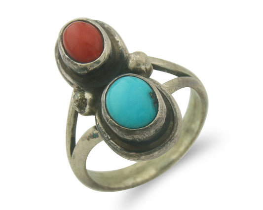 Vintage Navajo Ring 925 Sterling Natural Coral & Turquoise Native Artist Sz 6.0