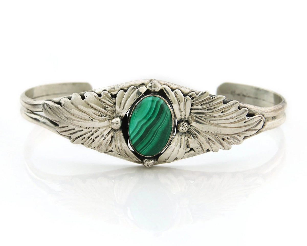 Navajo Cuff Bracelet Sterling Silver Malachite Vintage Signed TW