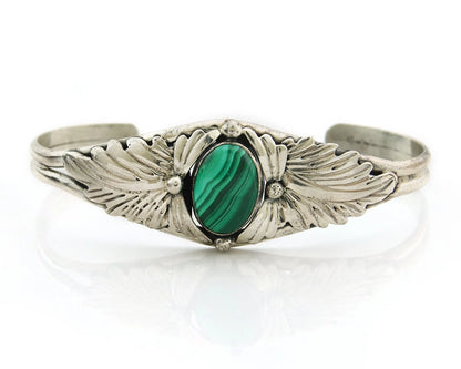 Navajo Cuff Bracelet Sterling Silver Malachite Vintage Signed TW