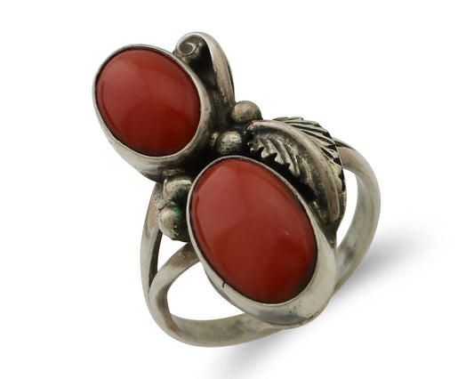 Navajo Ring 925 Silver Natural Mediterranean Coral Artist Signed A C.80's