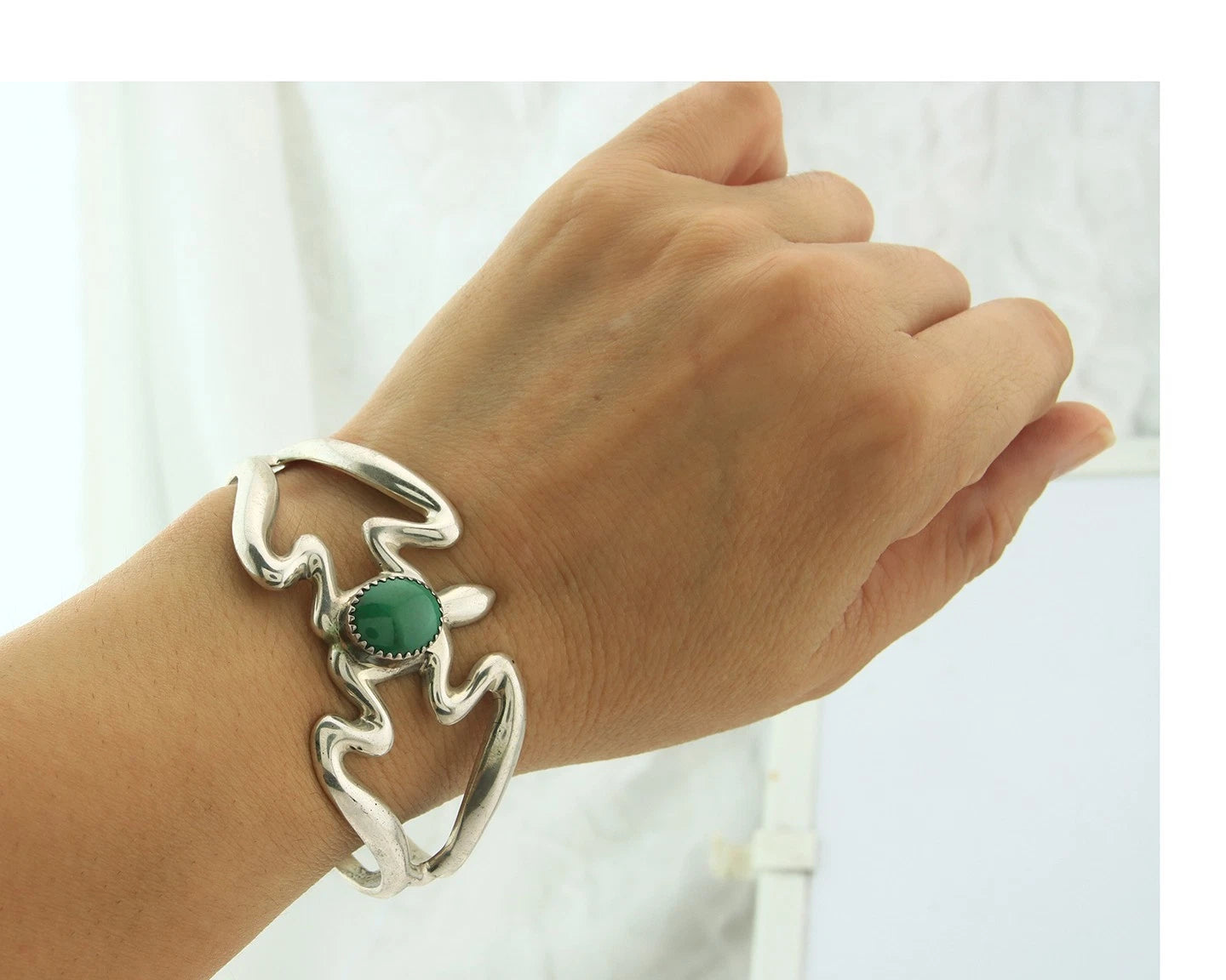 Navajo Cuff Bracelet Sterling Silver Sand Cast Turtle Turquoise Signed F