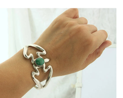Navajo Cuff Bracelet Sterling Silver Sand Cast Turtle Turquoise Signed F