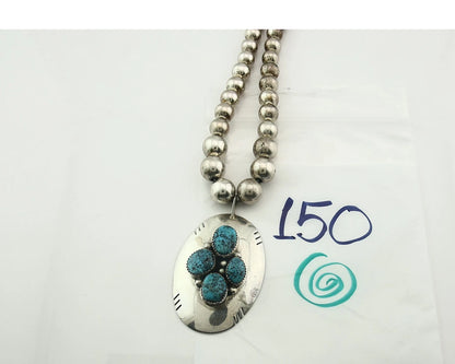 Navajo Bead Necklace Sterling Silver Fine Spiderweb Turquoise Signed D