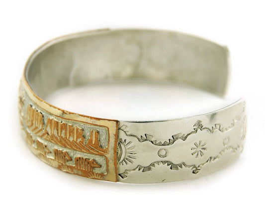 Navajo Cuff Bracelet Sterling Silver & Gold Vintage Storyteller Signed GE