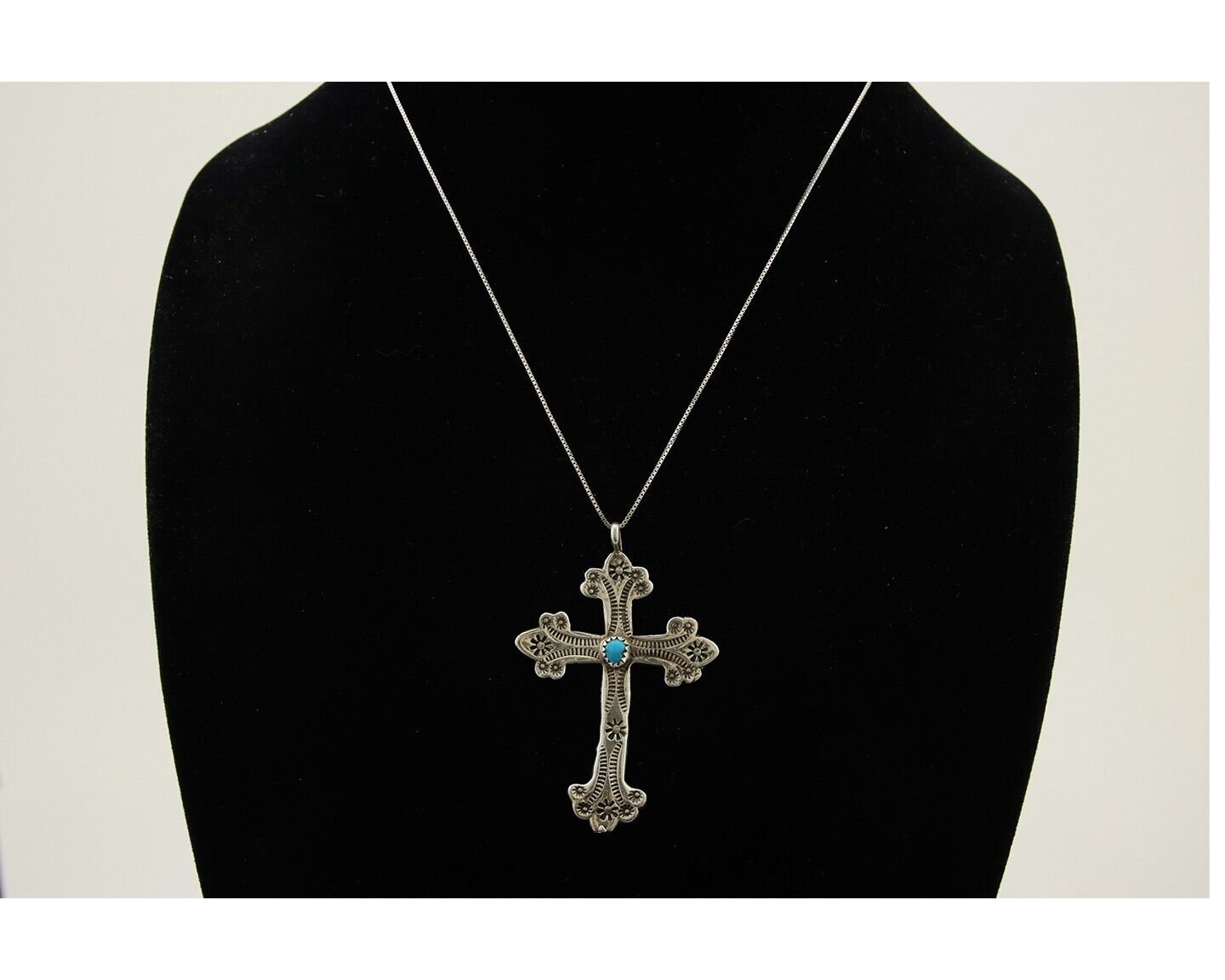 Navajo Cross Hand Stamped Necklace 925 Silver Turquoise Native Artist C.80's