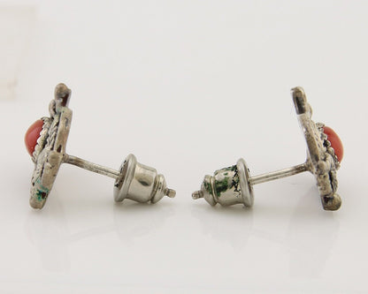 Navajo Earrings 925 Silver Natural Red Coral Artist Signed Begay C.80's