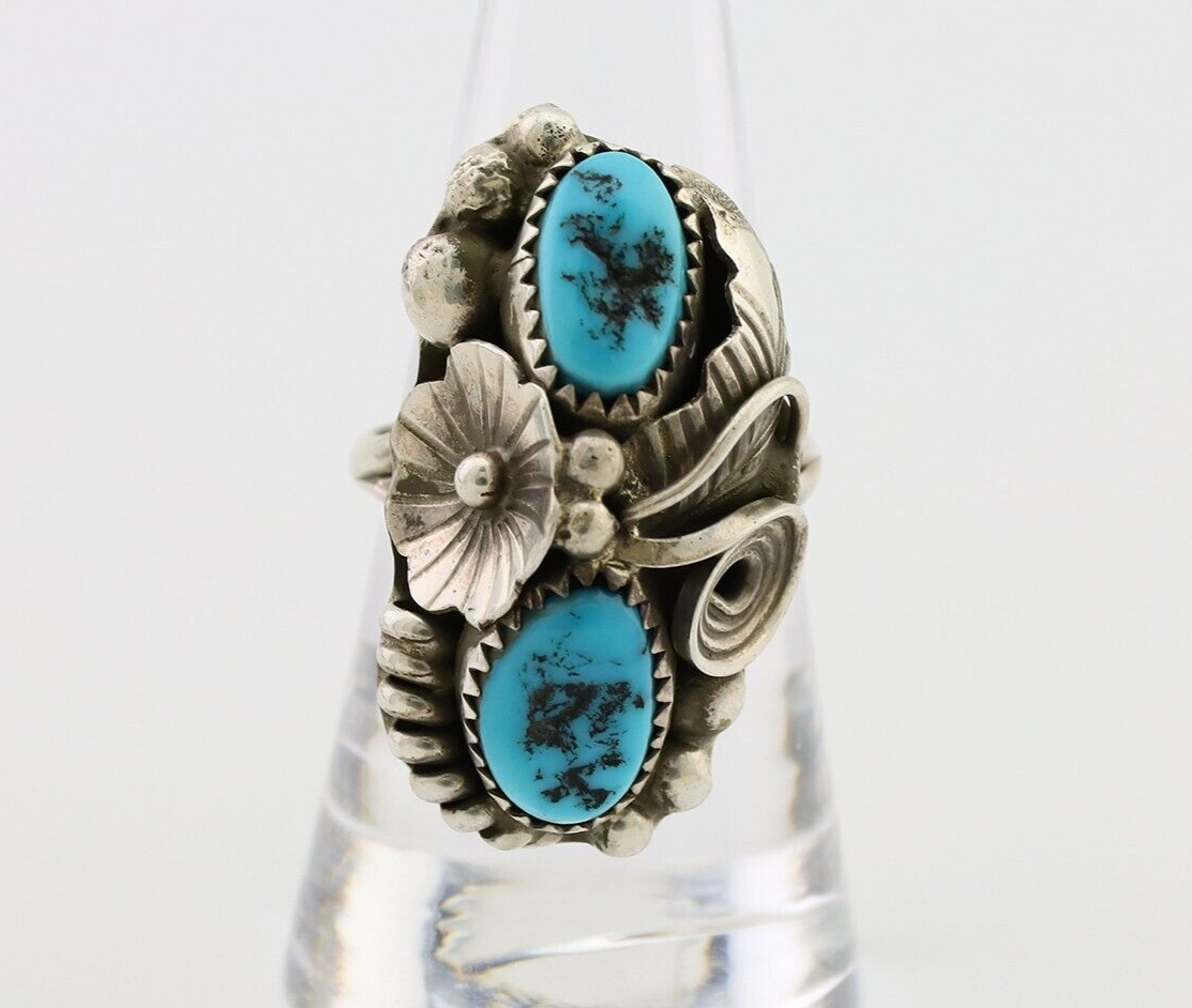 Navajo Ring 925 Silver Sleeping Beauty Turquoise Signed Max Calabaza C.80's