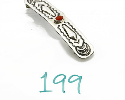 Navajo Real Red Coral 925 SOLID SILVER Hand Stamped 12mm Wide Barrette Hair Clip